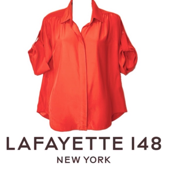 LAFAYETTE 148 NEW YORK | 100% Silk Orange Short Midi Button Up Blouse Top Shirt - Picture 1 of 16